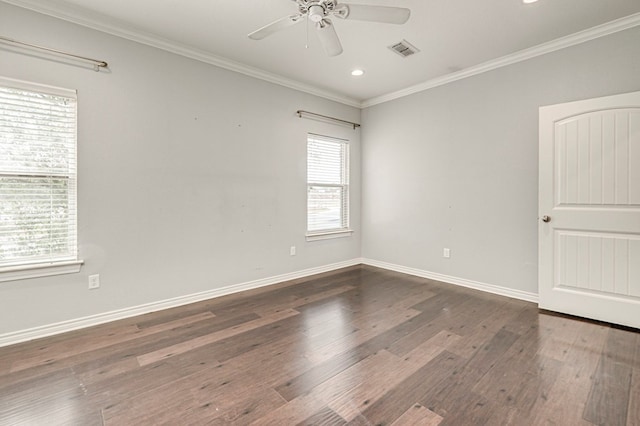 empty room featuring ceiling fan, dark wood finished floors, ornamental molding, visible vents, and recessed lighting