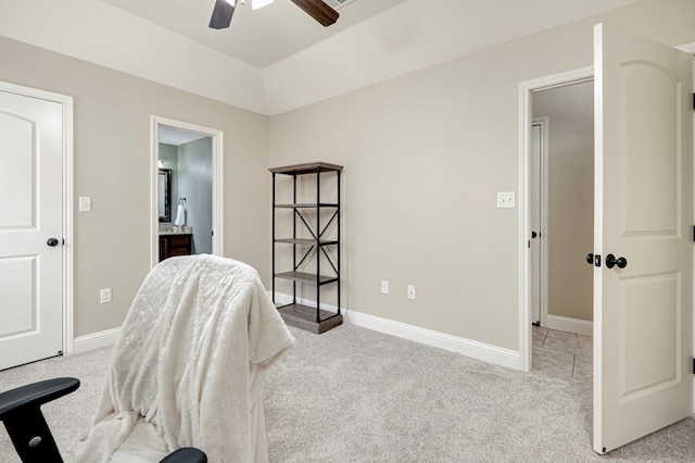 home office with baseboards, carpet flooring, and a ceiling fan