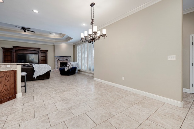 bedroom featuring crown molding, baseboards, an inviting chandelier, and a fireplace with raised hearth