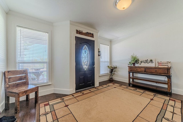 entrance foyer featuring wood-type flooring and crown molding