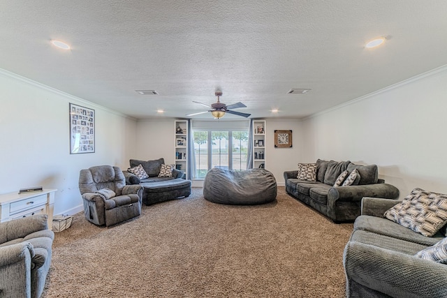 living room featuring carpet, a textured ceiling, and ornamental molding