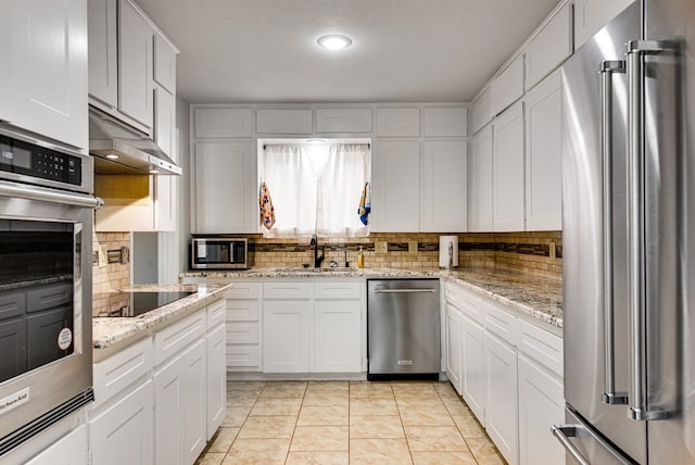 kitchen featuring under cabinet range hood, stainless steel appliances, a sink, and tasteful backsplash