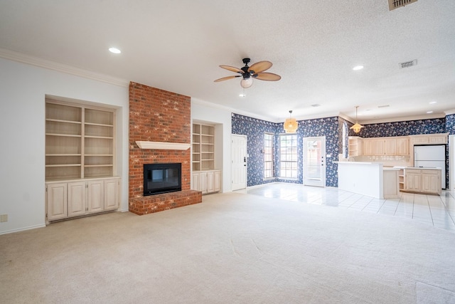 5500 Drexel, Midland, TX 79707 - unfurnished living room with wallpapered walls, crown molding, a ceiling fan, light carpet, and a brick fireplace