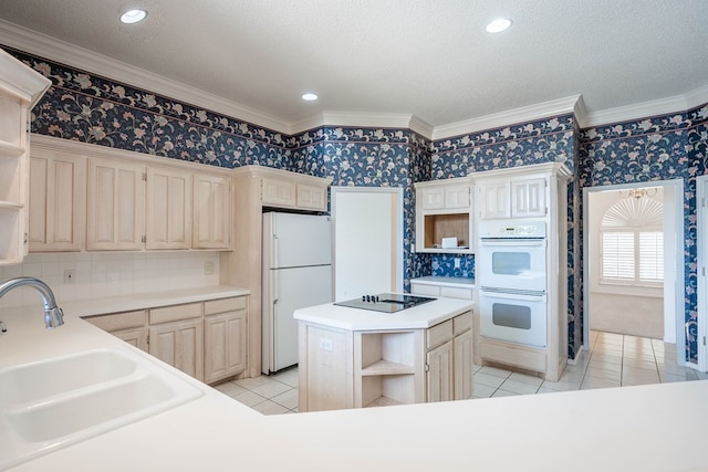 5500 Drexel, Midland, TX 79707 - kitchen featuring white appliances, open shelves, wallpapered walls, light tile patterned flooring, and crown molding