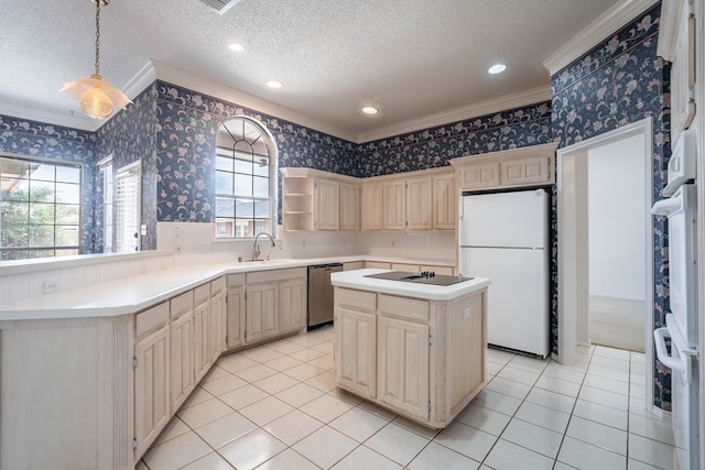 5500 Drexel, Midland, TX 79707 - kitchen with white appliances, crown molding, wallpapered walls, a textured ceiling, and light countertops