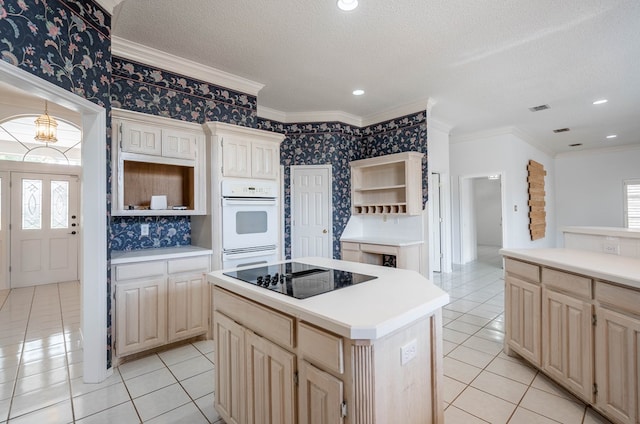 5500 Drexel, Midland, TX 79707 - kitchen with white oven, open shelves, black electric cooktop, light tile patterned floors, and ornamental molding