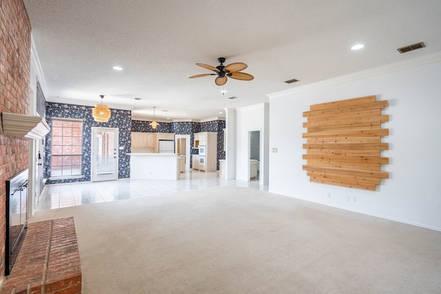 5500 Drexel, Midland, TX 79707 - unfurnished living room with ornamental molding, ceiling fan, wallpapered walls, a fireplace, and recessed lighting