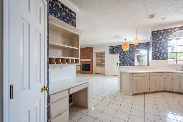 5500 Drexel, Midland, TX 79707 - kitchen with wallpapered walls, a textured ceiling, light countertops, ornamental molding, and light tile patterned floors