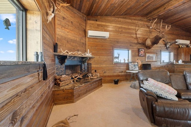 unfurnished living room featuring wooden walls, carpet flooring, vaulted ceiling with beams, a wall mounted AC, and wood ceiling