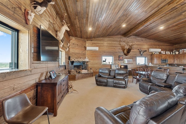 carpeted living room with vaulted ceiling with beams, wooden ceiling, a wall mounted AC, and wooden walls