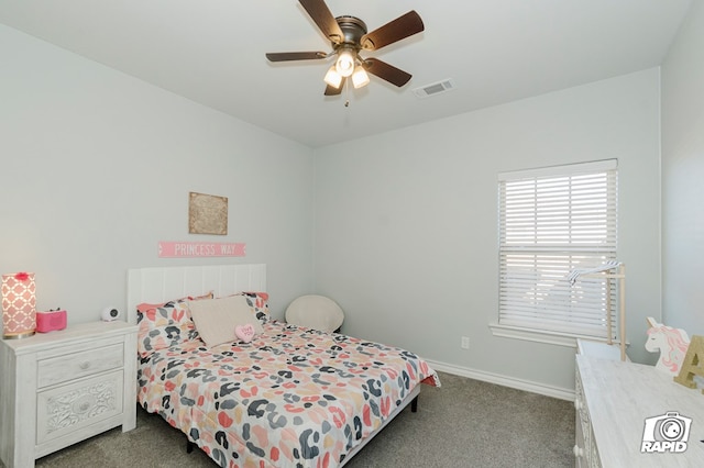 carpeted bedroom with ceiling fan