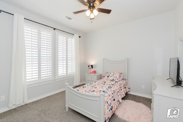 bedroom with light colored carpet and ceiling fan