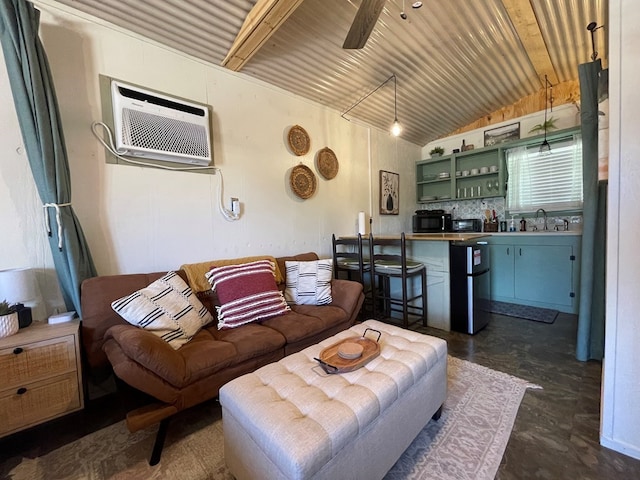 living room featuring indoor wet bar, an AC wall unit, vaulted ceiling, wooden ceiling, and concrete floors