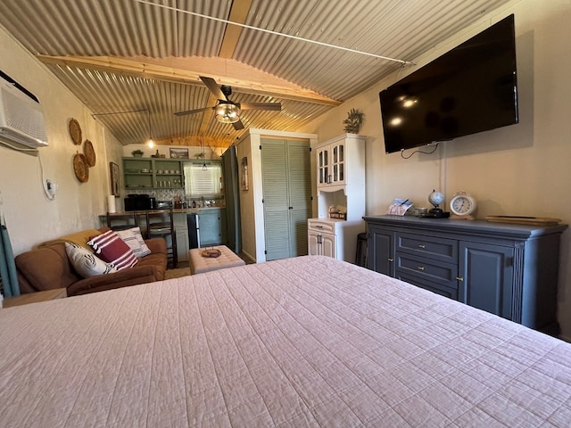 unfurnished bedroom featuring lofted ceiling with beams, wooden ceiling, a wall unit AC, and a closet