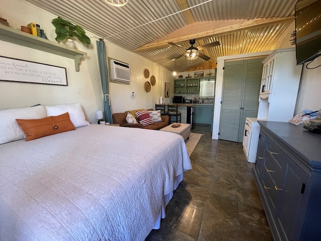 bedroom featuring lofted ceiling, a wall mounted AC, a closet, and a ceiling fan