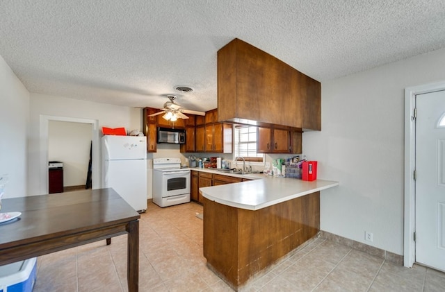 kitchen featuring white appliances, sink, ceiling fan, a textured ceiling, and kitchen peninsula