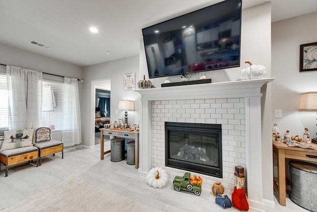 living room with a fireplace