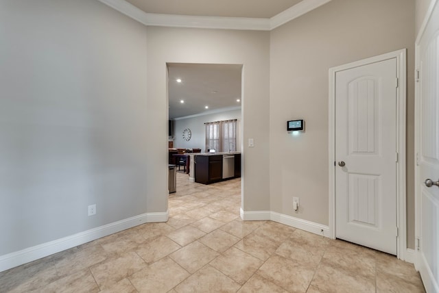 corridor featuring baseboards, crown molding, light tile patterned flooring, and recessed lighting