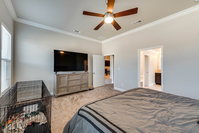 bedroom featuring baseboards, visible vents, carpet floors, and ornamental molding
