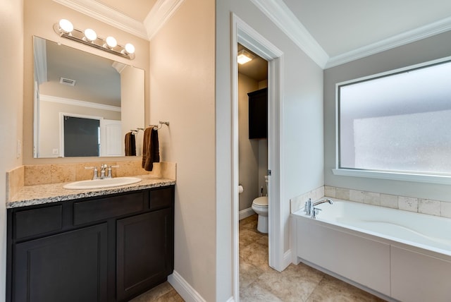 bathroom featuring visible vents, toilet, vanity, a bath, and crown molding