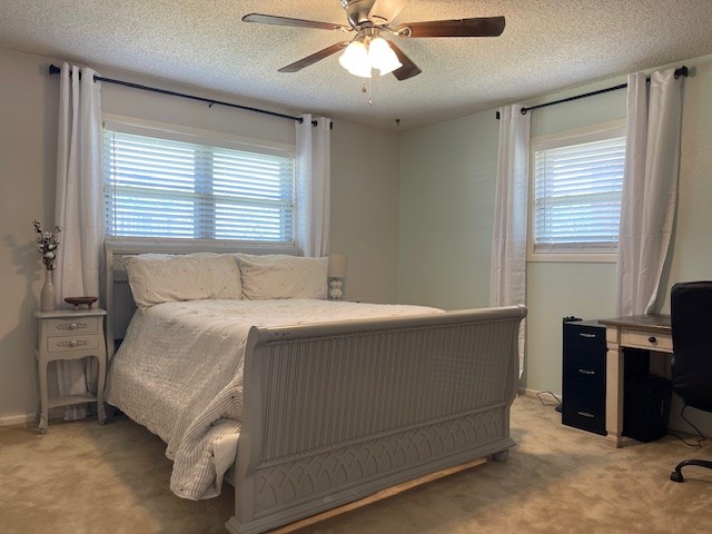 4500 El Paso, Snyder, TX 79549 - bedroom with multiple windows, light colored carpet, a textured ceiling, and ceiling fan