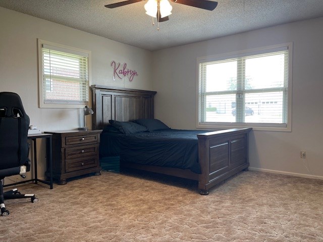 4500 El Paso, Snyder, TX 79549 - bedroom featuring multiple windows, light carpet, a textured ceiling, and a ceiling fan