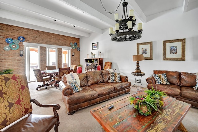 2309 W Golf Course Rd, Midland, TX 79701 - living area with a notable chandelier, beam ceiling, light carpet, and brick wall