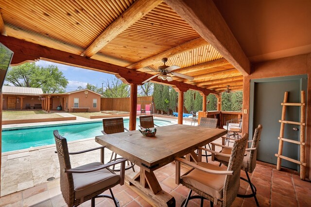 2309 W Golf Course Rd, Midland, TX 79701 - view of pool with a patio, a fenced in pool, outdoor dining area, ceiling fan, and fence