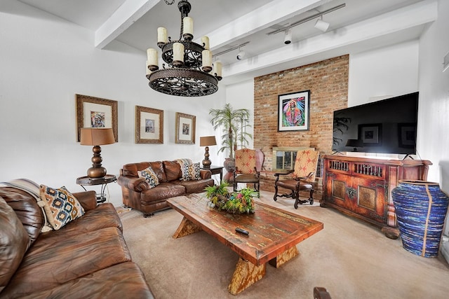 2309 W Golf Course Rd, Midland, TX 79701 - carpeted living room with an inviting chandelier, rail lighting, and beam ceiling