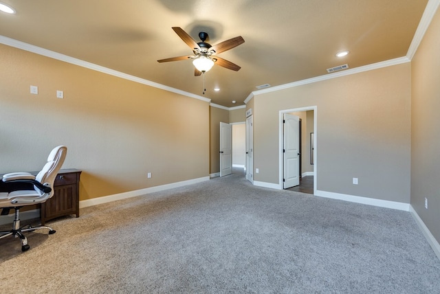 office space with a ceiling fan, crown molding, baseboards, and visible vents