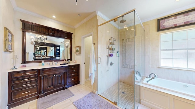 bathroom featuring vanity, ornamental molding, a shower stall, and a bath