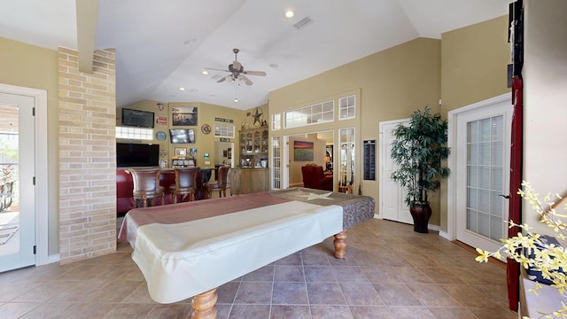 playroom with a ceiling fan, pool table, visible vents, and lofted ceiling