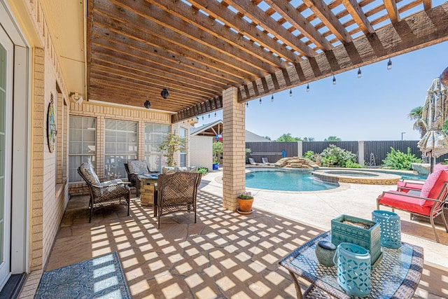 view of patio featuring a fenced backyard, a pergola, and a pool with connected hot tub