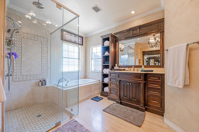 bathroom featuring vanity, visible vents, ornamental molding, a bath, and a stall shower