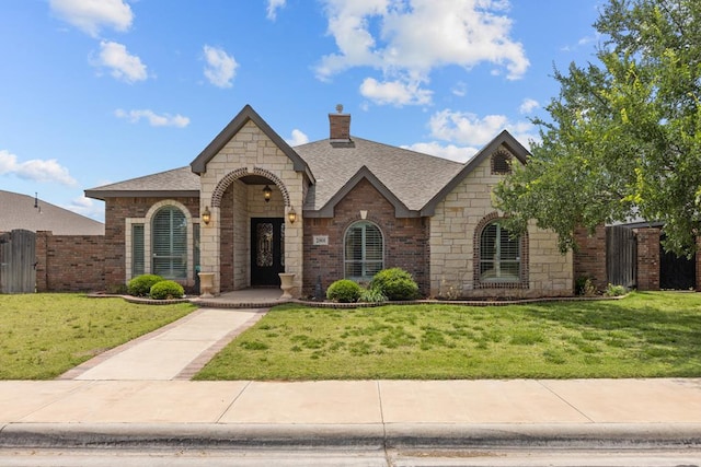 view of front facade featuring stone siding, roof with shingles, brick siding, and a chimney