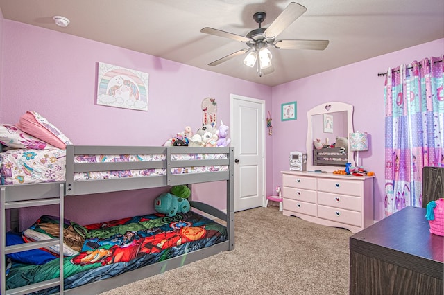 bedroom with light colored carpet and ceiling fan