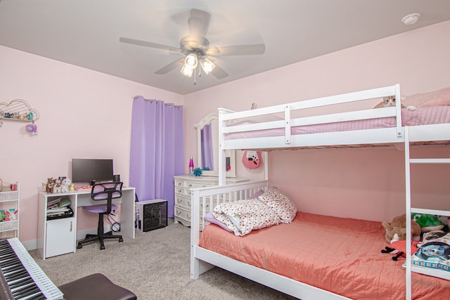 bedroom with light carpet and ceiling fan