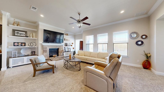 carpeted living room featuring a brick fireplace, visible vents, and ornamental molding