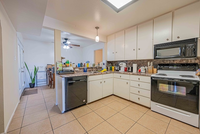 kitchen featuring white cabinetry, hanging light fixtures, stainless steel dishwasher, backsplash, and white range with electric cooktop