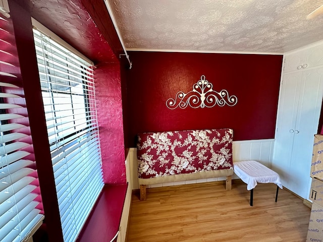 sitting room with a textured ceiling, wainscoting, and wood finished floors