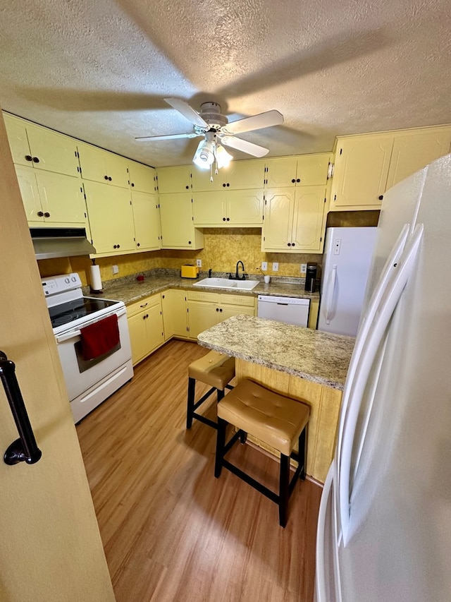 kitchen featuring white appliances, a ceiling fan, light wood-style flooring, under cabinet range hood, and a sink