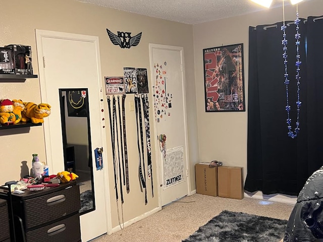 carpeted bedroom with a textured ceiling