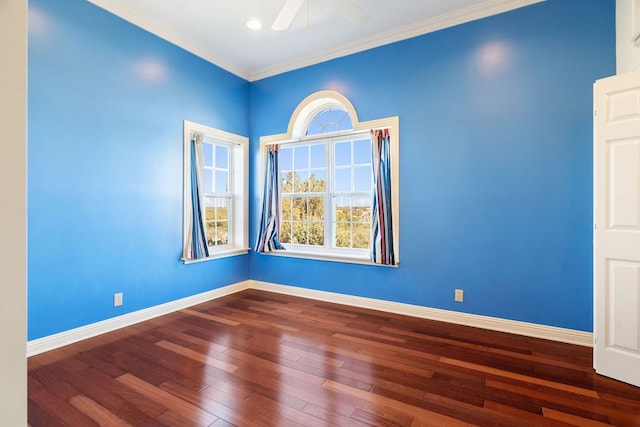 empty room featuring wood-type flooring, ceiling fan, and ornamental molding