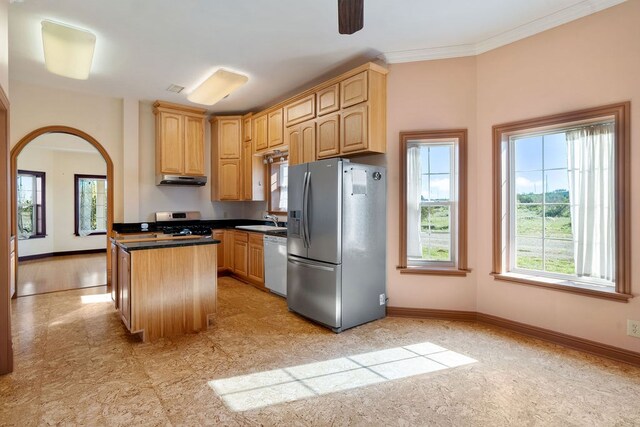 kitchen with a center island, stainless steel appliances, a healthy amount of sunlight, and sink