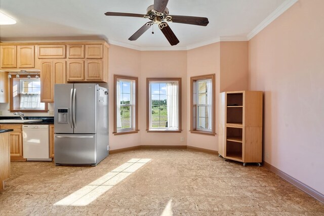 kitchen with stainless steel fridge with ice dispenser, light brown cabinets, white dishwasher, and crown molding