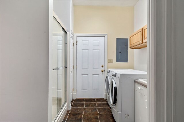 laundry area with cabinets, electric panel, dark tile patterned flooring, and washer and clothes dryer