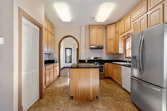 kitchen with sink, a center island, plenty of natural light, light brown cabinetry, and appliances with stainless steel finishes