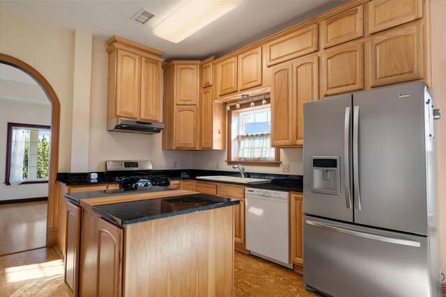 kitchen featuring sink, stainless steel appliances, and light brown cabinetry