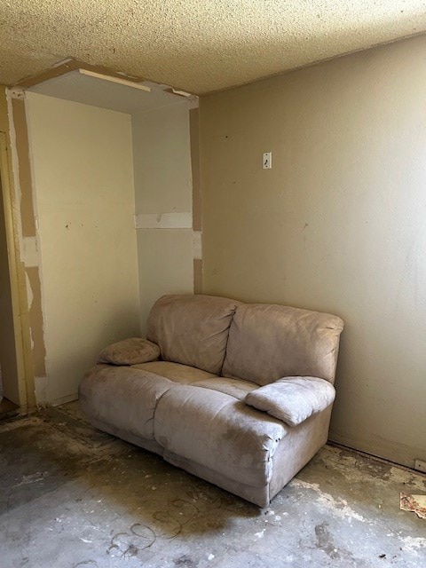 living area with a textured ceiling