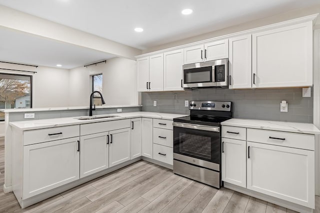 kitchen featuring kitchen peninsula, sink, decorative backsplash, appliances with stainless steel finishes, and white cabinetry